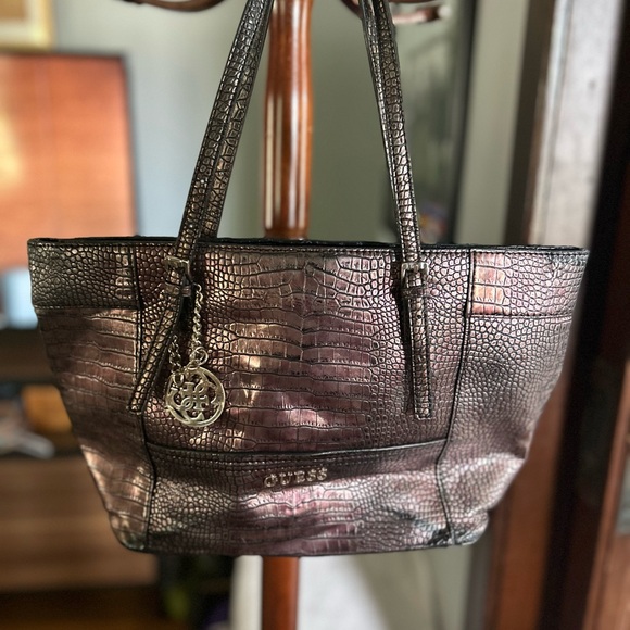 Guess Handbags - GUESS Iridescent Croc-Embossed Tote in Shimmering Purple and Silver